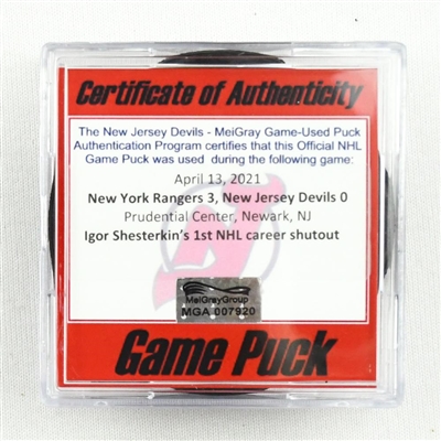 New Jersey Devils - Game Puck - April 13, 2021 vs. New York Rangers (Devils Logo) - Igor Shesterkin 1st Career Shutout