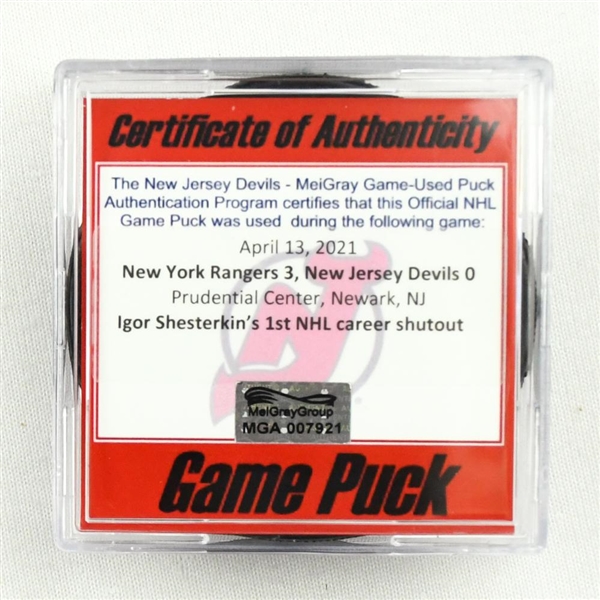 New Jersey Devils - Game Puck - April 13, 2021 vs. New York Rangers (Devils Logo) - Igor Shesterkin 1st Career Shutout