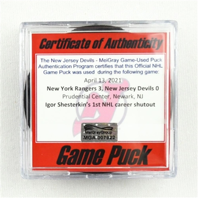 New Jersey Devils - Game Puck - April 13, 2021 vs. New York Rangers (Devils Logo) - Igor Shesterkin 1st Career Shutout