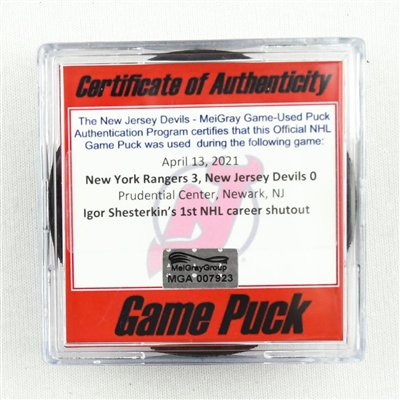 New Jersey Devils - Game Puck - April 13, 2021 vs. New York Rangers (Devils Logo) - Igor Shesterkin 1st Career Shutout