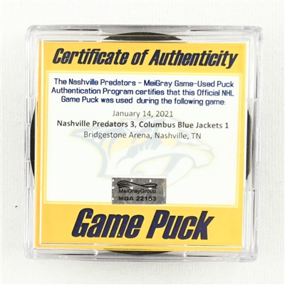 Nashville Predators - Game Puck - (Rare TRACKING PUCK) January 14, 2021 vs. Columbus Blue Jackets (NHL Logo)