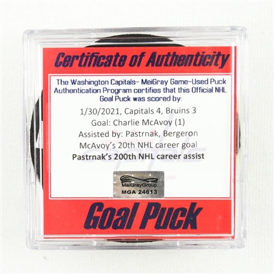 Charlie McAvoy - Boston Bruins - Goal Puck - January 30, 2021 vs. Boston Bruins (Capitals Logo) - David Pastrnaks 200th NHL Career Assist