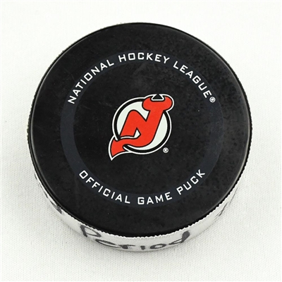 Casey Mittelstadt - Buffalo Sabres - Goal Puck - April 6, 2021 vs. New Jersey Devils (Devils Logo)