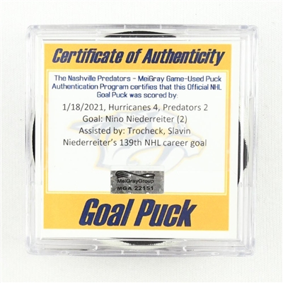 Nino Niederreiter - Carolina Hurricanes - Goal Puck - (Rare TRACKING PUCK) January 18, 2021 vs. Nashville Predators (NHL Logo)