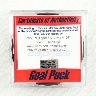 T.J. Oshie - Washington Capitals - Goal Puck - March 9, 2021 vs. New Jersey Devils (Capitals Logo)
