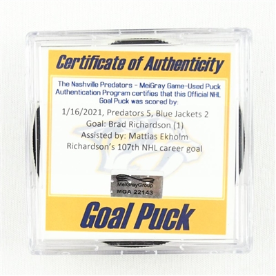 Brad Richardson - Nashville Predators - Goal Puck - (Rare TRACKING PUCK) January 16, 2021 vs. Columbus Blue Jackets (NHL LOGO)