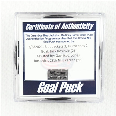 Jack Roslovic - Columbus Blue Jackets - Goal Puck - February 8, 2021 vs. Carolina Hurricanes (Blue Jackets Logo)