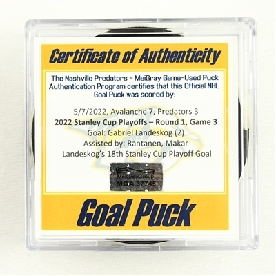 Gabriel Landeskog - Colorado Avalanche - Goal Puck - May 7, 2022 vs. Predators (Predators Logo) - 2022 Stanley Cup Playoffs - Round 1, Game 3