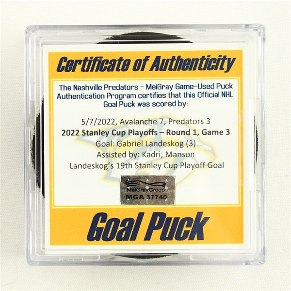 Gabriel Landeskog - Colorado Avalanche - Goal Puck - May 7, 2022 vs. Predators (Predators Logo) - 2022 Stanley Cup Playoffs - Round 1, Game 3