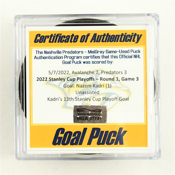 Nazem Kadri - Colorado Avalanche - Goal Puck - May 7, 2022 vs. Predators (Predators Logo) - 2022 Stanley Cup Playoffs - Round 1, Game 3