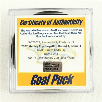 Nazem Kadri - Colorado Avalanche - Goal Puck - May 7, 2022 vs. Predators (Predators Logo) - 2022 Stanley Cup Playoffs - Round 1, Game 3
