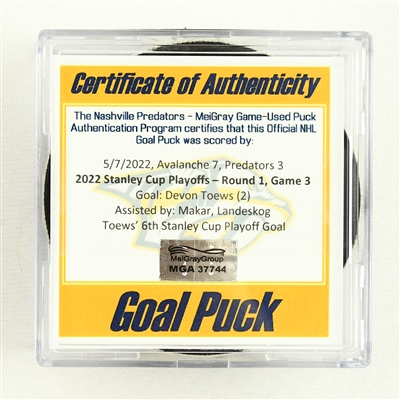 Devon Toews - Colorado Avalanche - Goal Puck - May 7, 2022 vs. Predators (Predators Logo) - 2022 Stanley Cup Playoffs - Round 1, Game 3