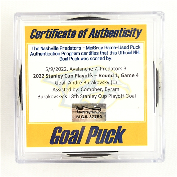 Andre Burakovsky - Colorado Avalanche - Goal Puck - May 9, 2022 vs. Predators (Predators Logo) - 2022 Stanley Cup Playoffs - Round 1, Game 4
