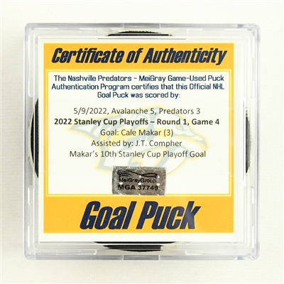 Cale Makar - Colorado Avalanche - Goal Puck - May 9, 2022 vs. Predators (Predators Logo) - 2022 Stanley Cup Playoffs - Round 1, Game 4