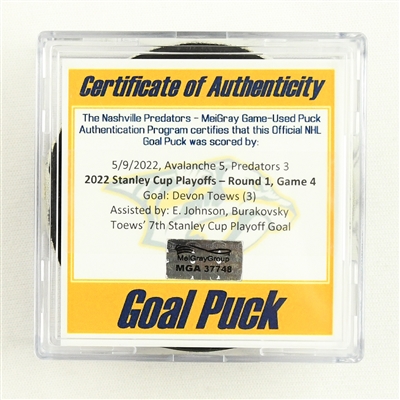 Devon Toews - Colorado Avalanche - Goal Puck - May 9, 2022 vs. Predators (Predators Logo) - 2022 Stanley Cup Playoffs - Round 1, Game 4