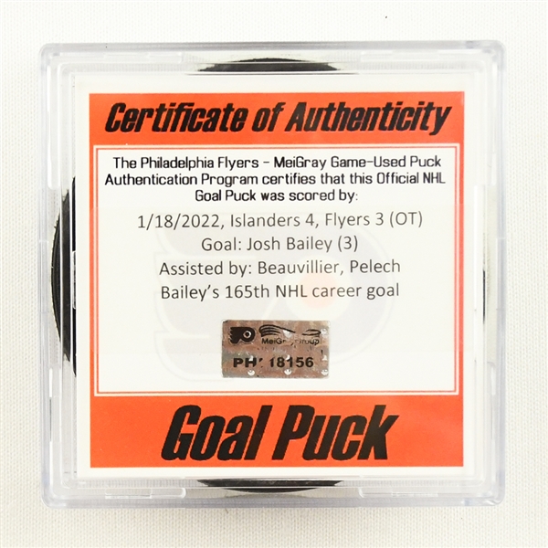 Josh Bailey - New York Islanders - Goal Puck - January 18, 2022 vs. Philadelphia Flyers (Flyers Logo)