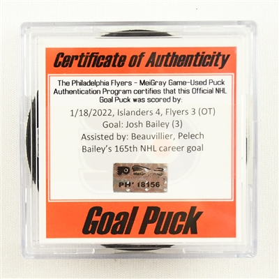 Josh Bailey - New York Islanders - Goal Puck - January 18, 2022 vs. Philadelphia Flyers (Flyers Logo)
