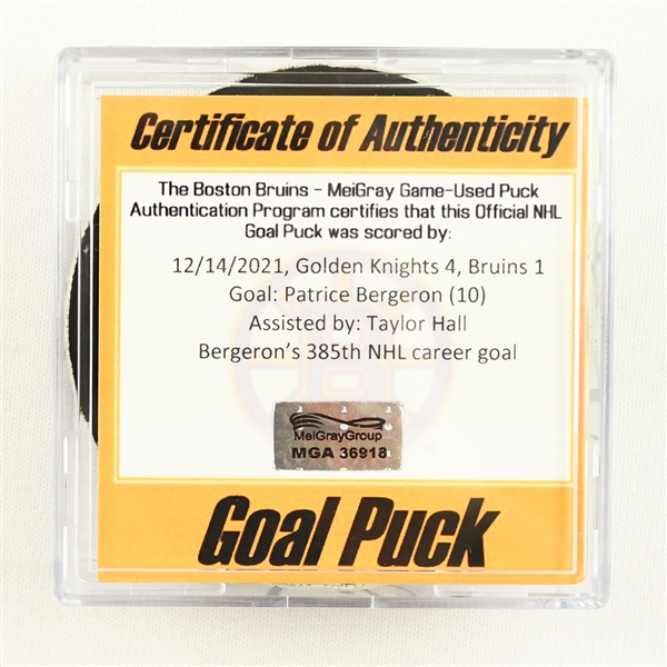 Patrice Bergeron - Boston Bruins - Goal Puck - December 14, 2021 vs. Vegas Golden Knights (Bruins Logo)