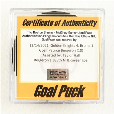 Patrice Bergeron - Boston Bruins - Goal Puck - December 14, 2021 vs. Vegas Golden Knights (Bruins Logo)