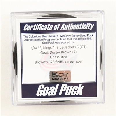 Dustin Brown - Los Angeles Kings - Goal Puck - March 4, 2022 vs. Columbus Blue Jackets (Blue Jackets Logo)