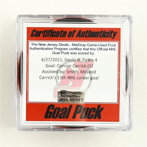 Connor Carrick - New Jersey Devils - Goal Puck - April 27, 2021 vs. Philadelphia Flyers (Devils Logo)