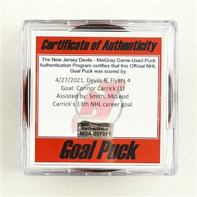 Connor Carrick - New Jersey Devils - Goal Puck - April 27, 2021 vs. Philadelphia Flyers (Devils Logo)