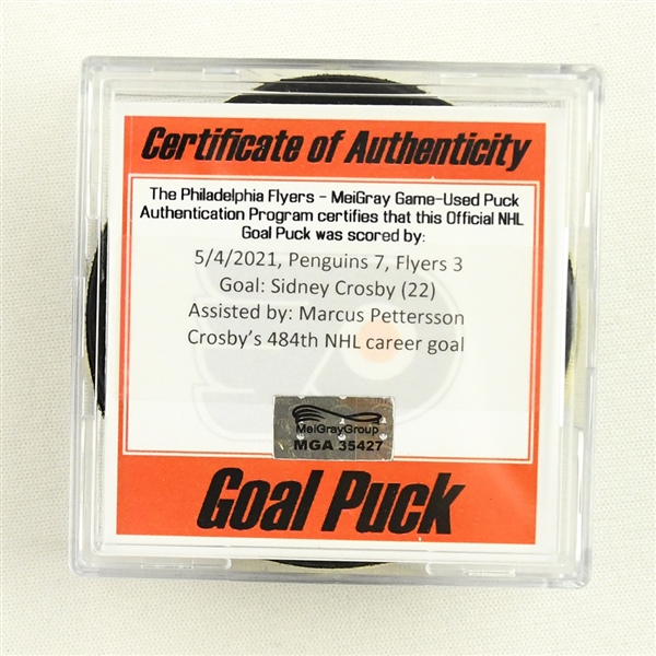 Sidney Crosby - Pittsburgh Penguins - Goal Puck - May 4, 2021 vs. Philadelphia Flyers (Flyers Logo)