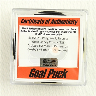 Sidney Crosby - Pittsburgh Penguins - Goal Puck - May 4, 2021 vs. Philadelphia Flyers (Flyers Logo)