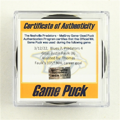 Justin Faulk - St. Louis Blues - Goal Puck - March 12 2022 vs. Nashville Predators (Predators Logo)