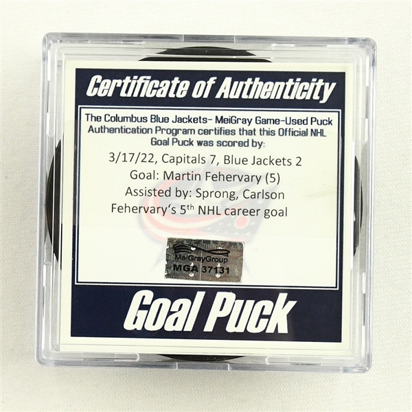 Martin Fehervary - Washington Capitals - Goal Puck - March 17 2022 vs. Columbus Blue Jackets (Blue Jackets Logo) 