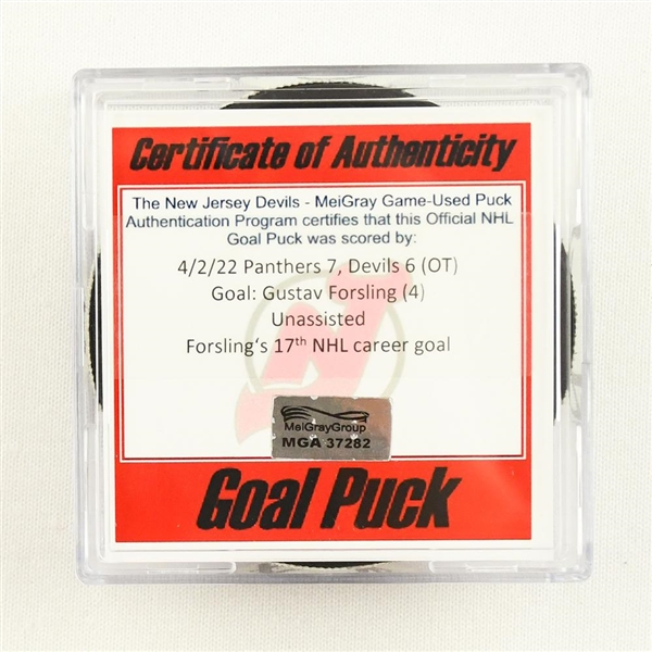 Gustav Forsling - Florida Panthers - Goal Puck - April 2, 2022 vs. New Jersey Devils (Devils Logo)