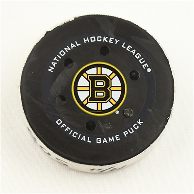 Johnny Gaudreau - Calgary Flames - Goal Puck - November 21, 2021 vs. Boston Bruins (Bruins Logo)