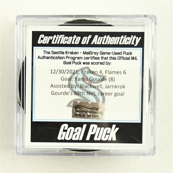 Yanni Gourde - Seattle Kraken - Goal Puck - December 30, 2021 vs. Calgary Flames (Kraken Inaugural Season Logo)