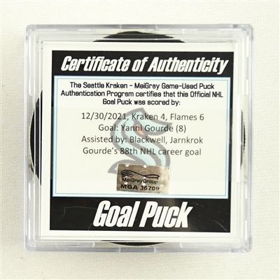 Yanni Gourde - Seattle Kraken - Goal Puck - December 30, 2021 vs. Calgary Flames (Kraken Inaugural Season Logo)