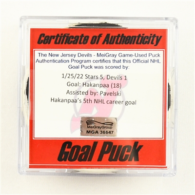 Jani Hakanpaa - Dallas Stars - Goal Puck - January 25, 2022 vs. New Jersey Devils (Devils Logo)