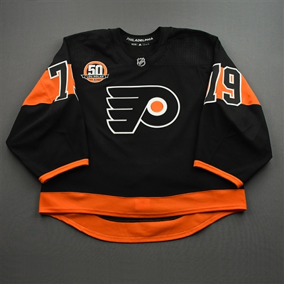 Carter Hart - Game-Worn Third Jersey w/ Lou Nolan 50 Years Patch - Back-Up Only - April 9, 2022