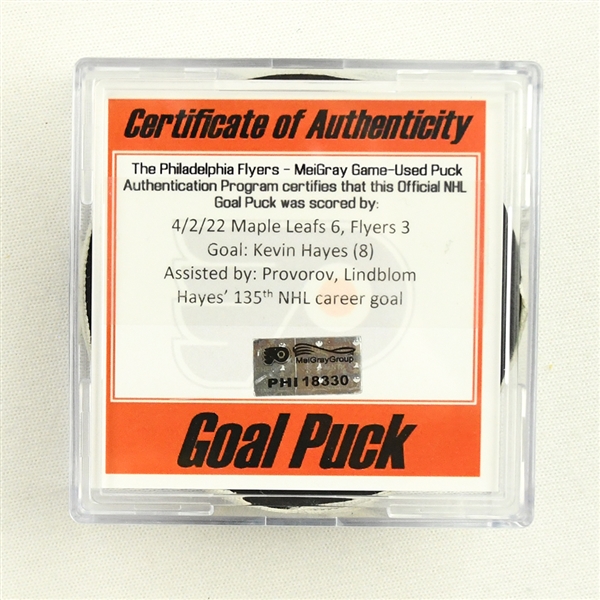 Kevin Hayes - Philadelphia Flyers - Goal Puck - April 2, 2022 vs.Toronto Maple Leafs (Flyers Logo) 
