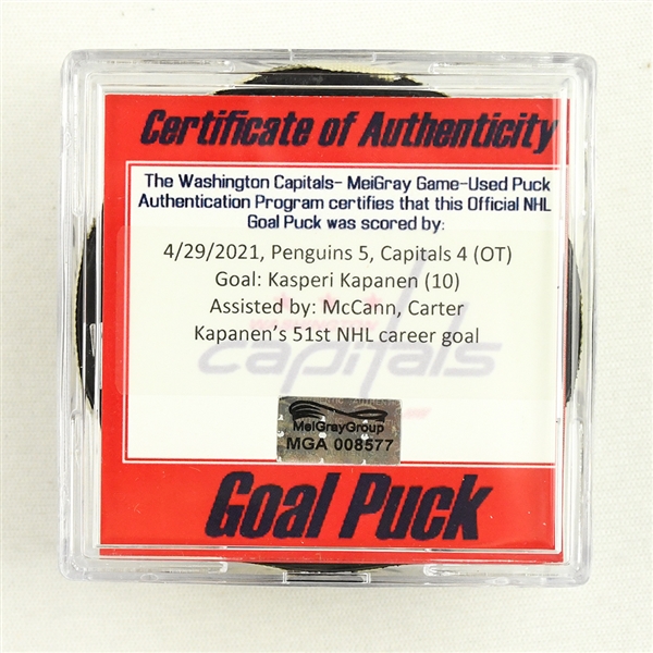 Kasperi Kapanen - Pittsburgh Penguins - Goal Puck - April 29, 2021 vs. Washington Capitals (Capitals Logo)
