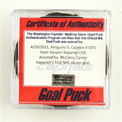 Kasperi Kapanen - Pittsburgh Penguins - Goal Puck - April 29, 2021 vs. Washington Capitals (Capitals Logo)
