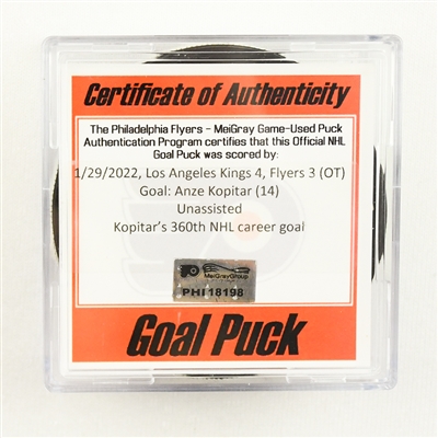 Anze Kopitar - Los Angeles Kings - Goal Puck - January 29, 2022 vs. Philadelphia Flyers (Flyers Logo)