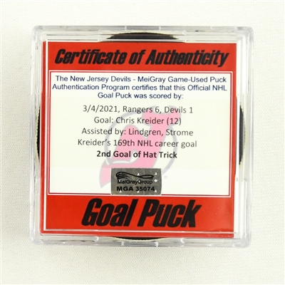 Chris Kreider - New York Rangers - Goal Puck - March 4, 2021 vs. New Jersey Devils (Devils Logo) - 2nd Goal of Hat Trick