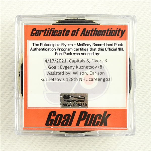 Evgeny Kuznetsov - Washington Capitals - Goal Puck - April 17, 2021 vs. Philadelphia Flyers (Flyers Logo)