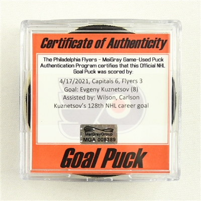 Evgeny Kuznetsov - Washington Capitals - Goal Puck - April 17, 2021 vs. Philadelphia Flyers (Flyers Logo)