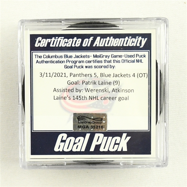 Patrik Laine - Columbus Blue Jackets - Goal Puck - March 11, 2021 vs. Florida Panthers (Blue Jackets 20th Anniversary Logo)
