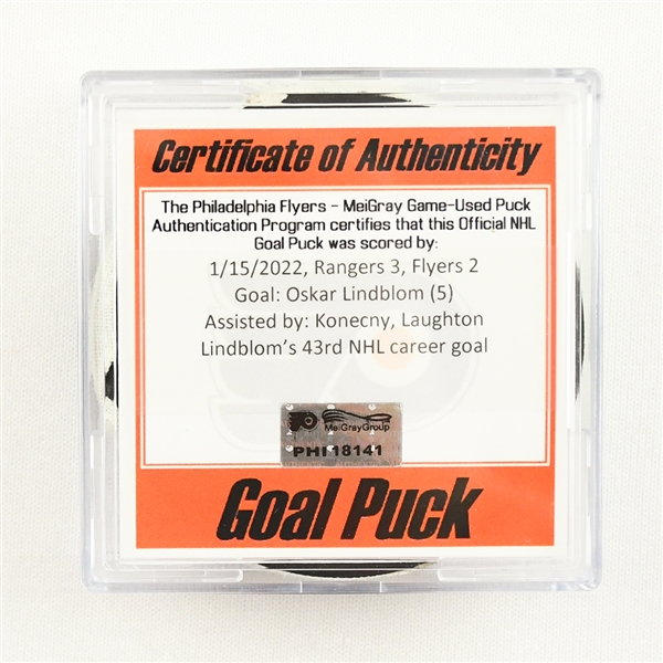 Oskar Lindblom - Philadelphia Flyers - Goal Puck - January 15, 2022 vs. New York Rangers (Flyers Logo)