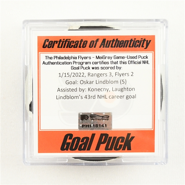 Oskar Lindblom - Philadelphia Flyers - Goal Puck - January 15, 2022 vs. New York Rangers (Flyers Logo)