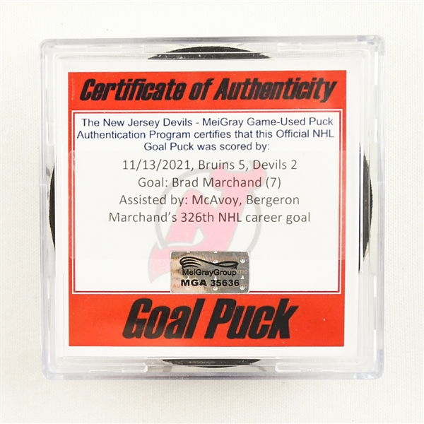 Brad Marchand - Boston Bruins - Goal Puck - November 13, 2021 vs. New Jersey Devils (Devils Logo)