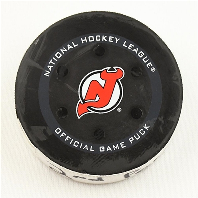 Brad Marchand - Boston Bruins - Goal Puck - November 13, 2021 vs. New Jersey Devils (Devils Logo)