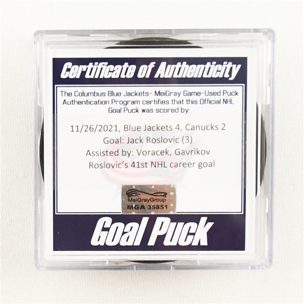 Jack Roslovic - Columbus Blue Jackets - Goal Puck - November 26, 2021 vs. Vancouver Canucks (Blue Jackets Logo)