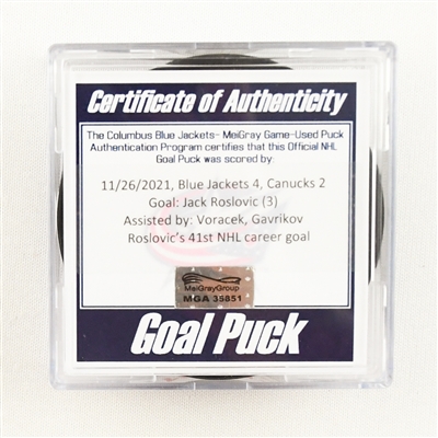 Jack Roslovic - Columbus Blue Jackets - Goal Puck - November 26, 2021 vs. Vancouver Canucks (Blue Jackets Logo)